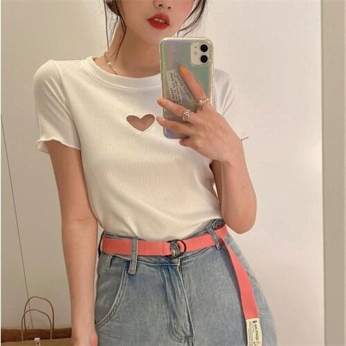 Female Korean Harajuku Solid Color Hollow Love Tshirt Womens T-shirts Tops Japanese Kawaii Ladies Ulzzang Clothes For Women