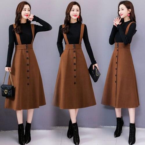 2021 Korean Style Sweater Dress Sets Fashion Vintage Turtleneck Knitted Sweater + Vest Long Dresses Female Two-Piece Suit X86