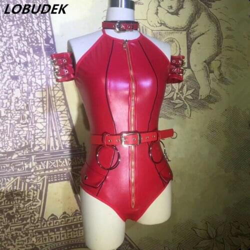 Women fashion slim bodysuit PU Leather catsuit Bar Nightclub Female singer DJ DS costumes Dance groups jazz performance costumes