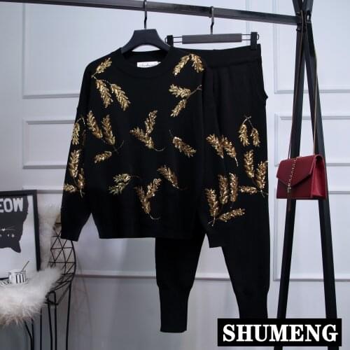 Women Sportswear Suit Sweater 2020 Fall Winter Round Neck Gold Sequins Feather Knit Sweater with Pant 2 Piece Sweater Set