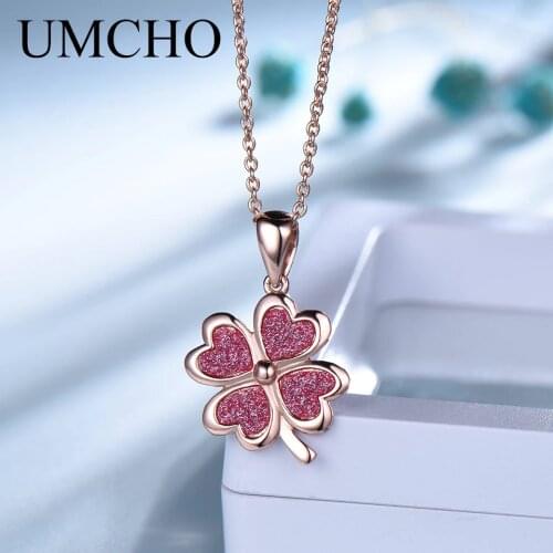 UMCHO Fashion Glitter Pink Four-leaf Clover 925 Sterling Silver Necklace Pendant For Women Clothes Match Decoration Fine Jewelry