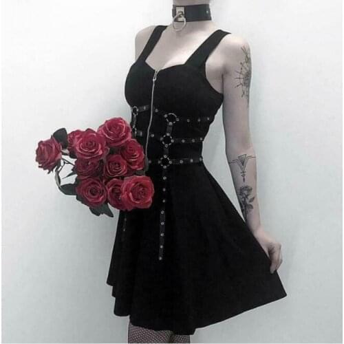 Ladies Short Dress Punk Gothic Womens Eyelet Straps Zippers Flared Overalls New