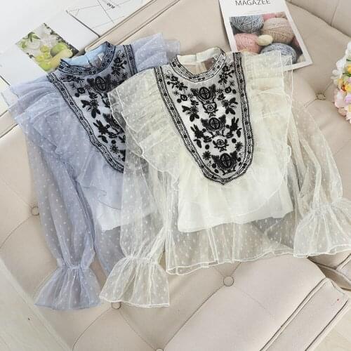 HISUMA Autumn O-Neck Flare Sleeve Women Polka Dot Mesh Gauze Hollow Out Lace Flower Shirt Lady Elastic Slim Pullover Blouse Tops