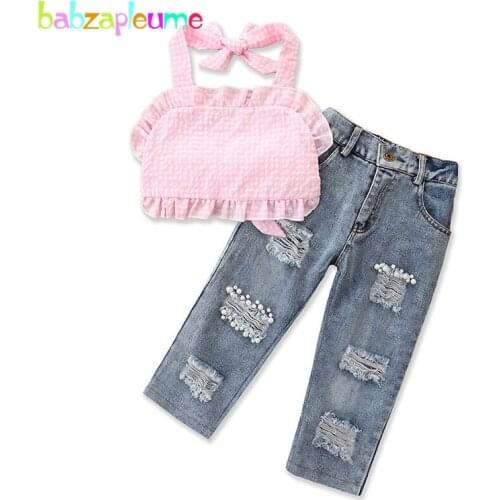 Babzapleume 2Piece 1-6Years Summer Toddler Girl Clothes Fashion Plaid Pink Lace T-shirt+Hole Jeans Baby Clothing Sets BC2044-1