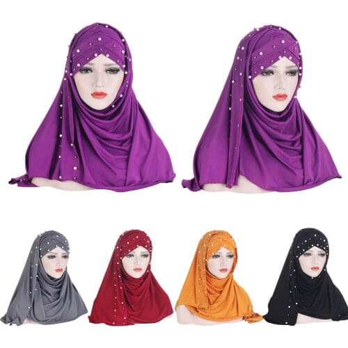 2021 Womens Muslim Scarf Ramadan Soft Solid Instant Hijab Shawls Beads Headscarf Easy Ready To Wear Islamic Wrap Head Scarves