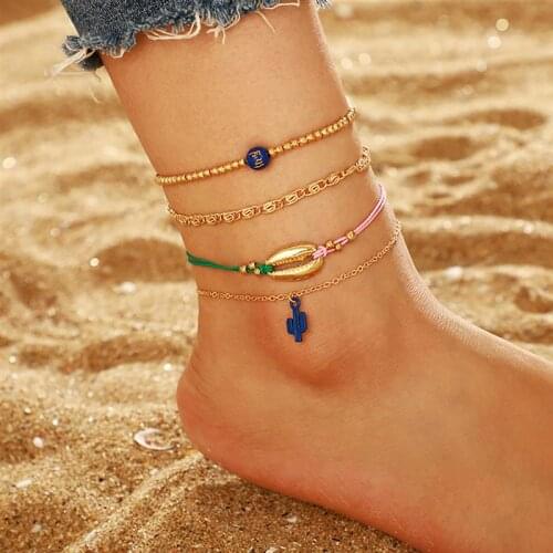 4pcs Gold Color Bohemia Anklets Set for Women Cactus Shell Star Beads Trendy Ankle Bracelet Female Beach Jewelry