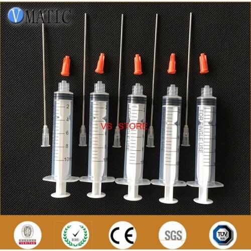 Free Shipping Quality 5 Sets 10ml/10cc Luer Lock Dispensing Plastic Syringes With 10cm Tube Length 16G Blunt Needle & Stopper