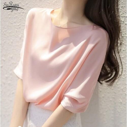 Short Sleeve Summer White Shirt Woman 2021 New Plus Size Satin Silk Blouses Casual Fashion Loose Tops Women Clothing Blusa 15374