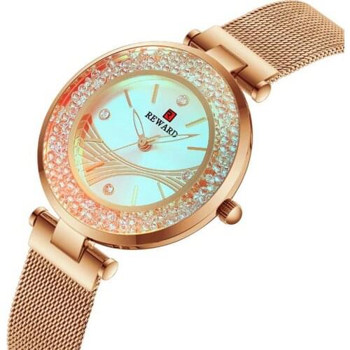 REWARD Rotation Diamond Fashion New Women Watches Glowing Dial Mesh Strap Quartz Japan Movement Waterproof Wristwatch Girl Clock