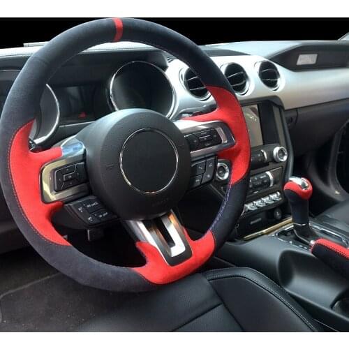 Black Red Alcantara Hand-stitched Steering Wheel Cover for Ford Mustang 2015-2019 Mustang GT 2015 2017 2018 2019