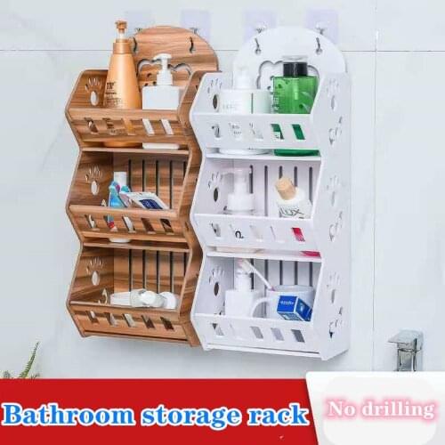 Wood Bathroom Storage Rack Shampoo Shower Shelf Holder Kitchen Nail-Free Storage Rack Organizer Wall Mounted Rack