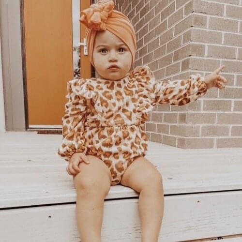 Baby Girl O-Neck Romper Infant Bodysuit Long Sleeves Jumpsuit Leopard Buttons Bow Headband Crawling Pants Playsuit Outfits