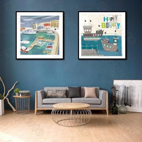 Canvas Painting Wall Poster Small Grey Boats Blue Some Houses Letters Happy Birthday for Home Rooms Childrens Bedroom Decoratio