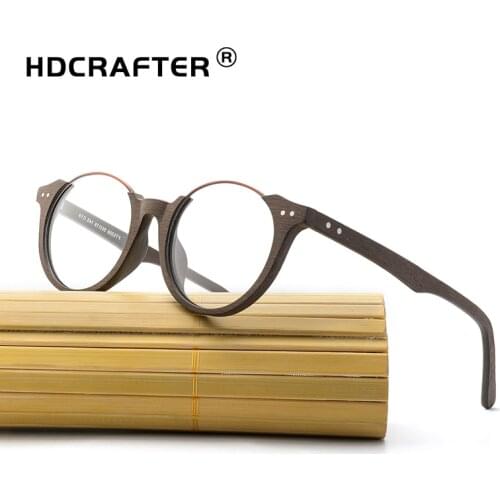 HDCRAFTER Round Eyewear Glasses Frames Vintage Clear Glasses Wood Men Computer Reading Glasses Frame for Women oculos