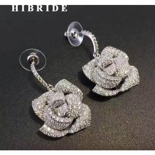 HIBRIDE New Beautiful Flower Shape Micro CZ Stone Pave Women Drop Earring For Wedding Bridal Gift boucle d'oreille E-431