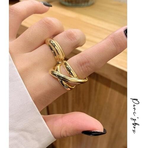 PerisBox Triple Line Crossed Gold Rings Twisted Geometric Rings for Women Polished Minimalist Rings Adjustable Simple Jewelry