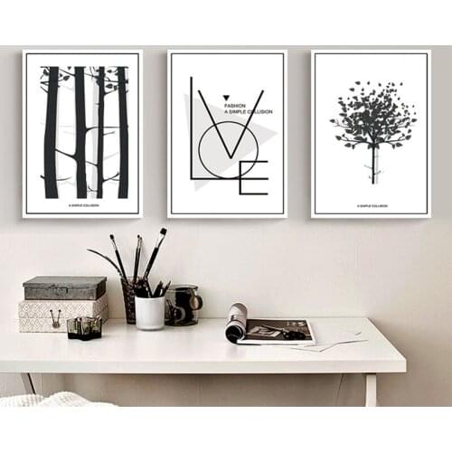3 Pieces Black White Tree Canvas Painting Minimalism Wall Art Poster Love Quotes Pictures for Living Room Bedroom Home Decor