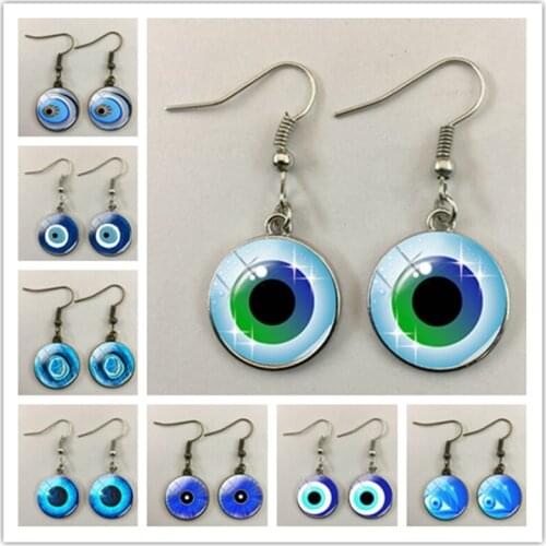 Beautiful blue evil eye religious photo round glass pendant earrings fashion glamour gift ladies earrings