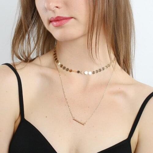 Multi Layer Gold Round Sequins Pendant Necklace Fashion Geometric Metal Bar Accessories Women Party Jewelry