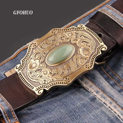 New Top Cowskin genuine leather belts for men Copper buckle Tang Grass Grain Inlaid Jade Brass Plate Buckle Ancient
