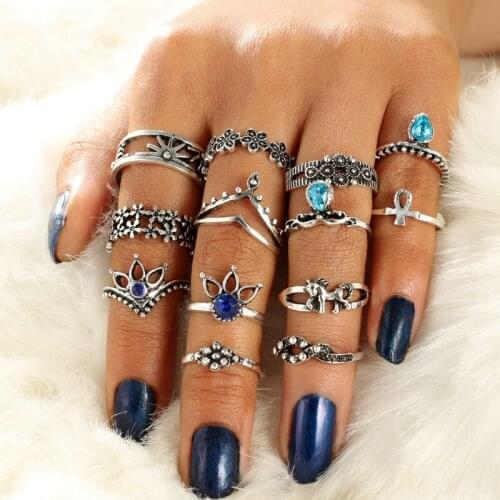 12 Sets/Lot Punk Finger Rings Set for Women Lotus Crystal Crown Totem Knuckle Ring Ancient Silver Color Vintage Jewelry Men