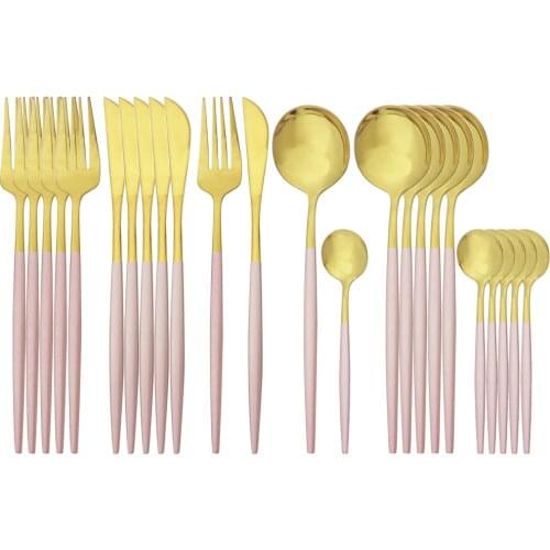 Pink Gold Cutlery Set Stainless Steel Dinnerware Set 24Pcs Knives Forks Coffee Spoons Flatware Set Kitchen Dinner Tableware Set
