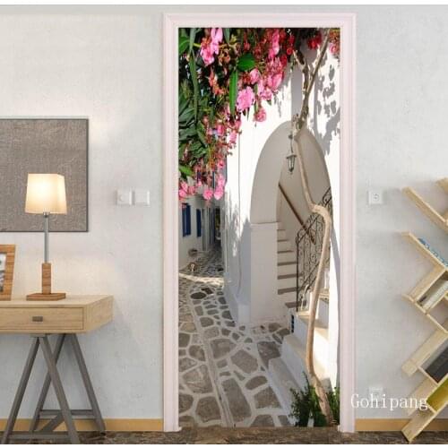 Simple Street Garden Wallpaper 3D Door Stickers Living Room Bedroom Pvc Self-Adhesive Waterproof Household Door Poster Sticker