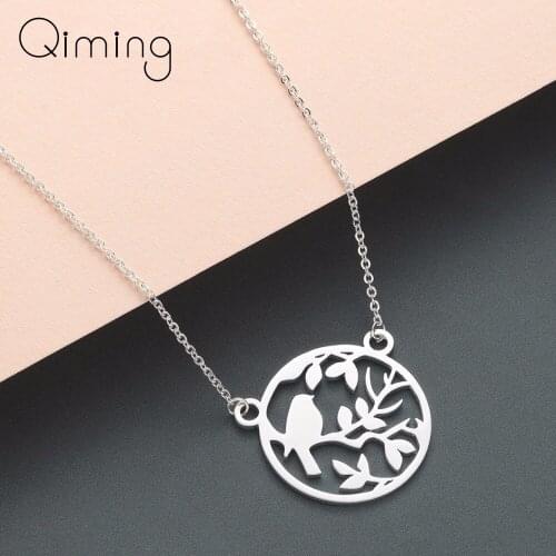Retro Ethnic Bird Necklace Round Branch Leave Stainless Steel Jewelry Gold fashion Cute Animal Pendant Necklace Gift