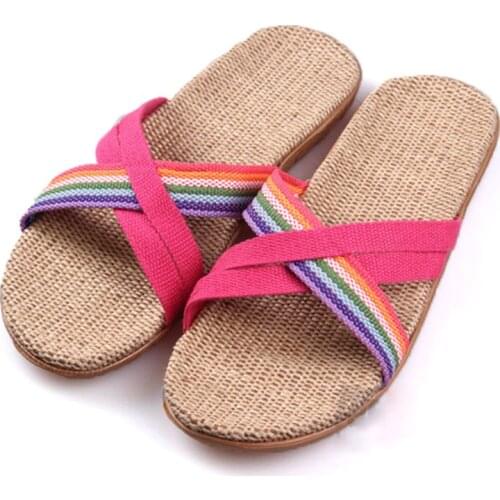 Womens Linen Slippers Fashion New Home Rainbow Striped Flax Slides Comfort Soft EVA Flip Flops Couples Leisure Sandals Shoes