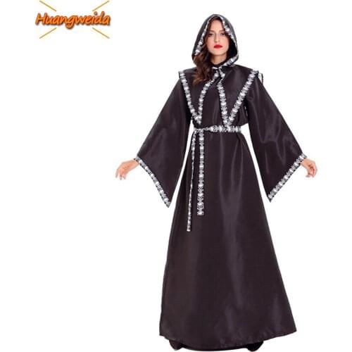 Wizard Witch Costume Reaper Halloween Costume for Women Adult Monk Priest Witch Cosplay Dress Skeleton Zombie Purim