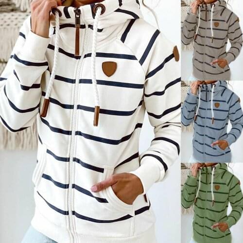 Women Drawstring Long Sleeve Stripes Hoodie Autumn Winter Pocket Sweatshirt Coat Striped drawstring hooded zipper sweater coat