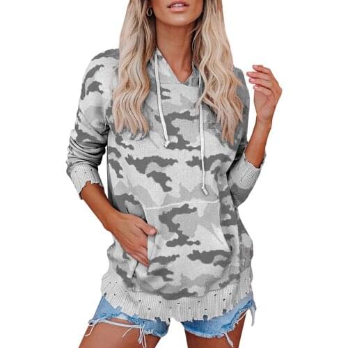Umeko Street Style Knitted Hoodies Women Fall Winter Camouflage Hooded Pullovers Female Streetwear Sweatshirts Jumpers Clothes