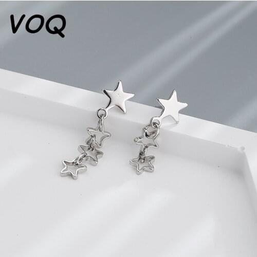 VOQ 925 Sterling Silver New Fashion Hollow Star Tassel Asymmetric Womens Earrings Oorbellen Pendientes