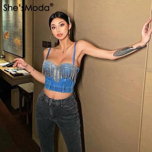 ShesModa Denim Jeans Womens Button Diamonds Push Up Bustier Bra Night Club Party Cropped Top Vest Plus Size