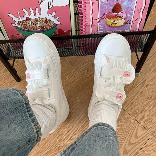 Womens Flat Single Shoes Hook & Loop White Shoe Lovely Ruffles Female Sneakers Sweet Comfortable Ladies Vulcanized Shoe Fashion