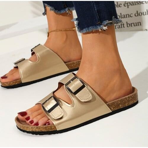 Womens Vintage Slippers Thick Bottom Retro Flat Sandals Buckle Strap Outside Summer Woman Shoes Ladies Slides Female Footwear