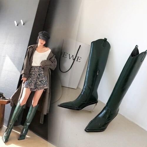 New Fashion Embossing Genuine Leather Knee High Boots Women Pointed Toe Wedges Shoes Female Western Transparent Heels Long Boots