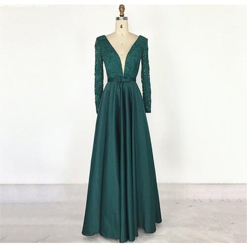 Dark Green Prom Dresses 2020 Elegant Mother Dress Deep V-neck Satin Laces Long Sleeves A-line Evening Dress robe de soiree