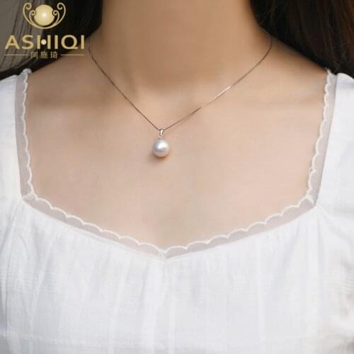 ASHIQI Big Freshwater Pearl Round Pendant Necklace 925 Sterling Silver Jewelry for Women Wedding Gift