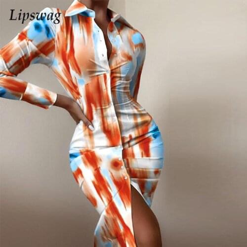 Sexy Stripe Print Long Sleeve Shirt Dress Women Elegant Turn-down Collar Button Split Party Dress Office Lady Slim Midi Dress