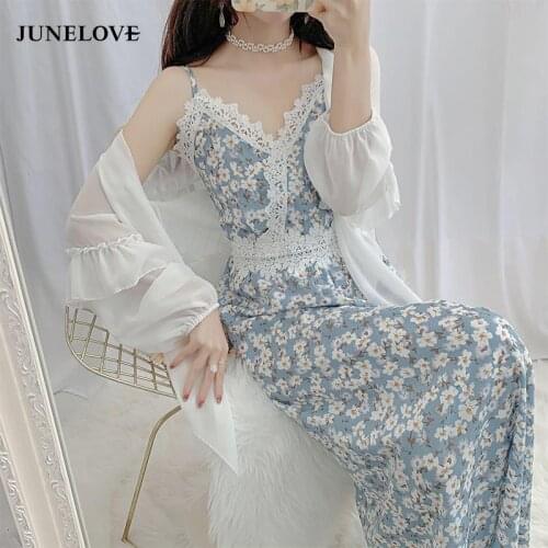 JuneLove Summer Floral Lace Dress Women Chic Spaghetti Straps Backless Elastic Midi Dress Casual Holiday Lady 2 PCS Boho Vestido