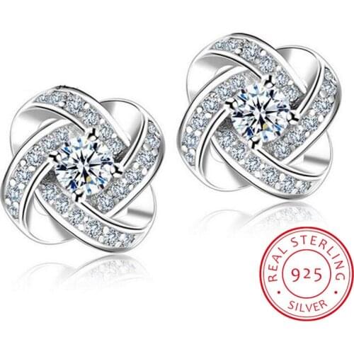 100% Original 925 Solid Silver Crystal Stud Earrings For Women Luxury Cubic Zirconia Wedding Earring Jewelry Accessory