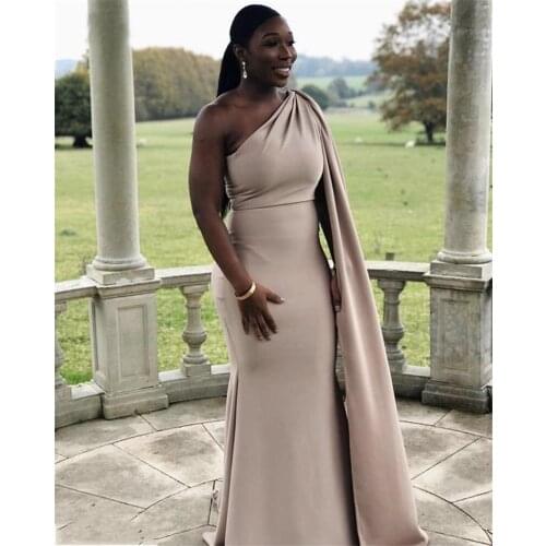 Champagne Bridesmaid Dresses With Cape African Special One Shoulder Floor Length Mermaid Satin Wedding Party Prom Dress
