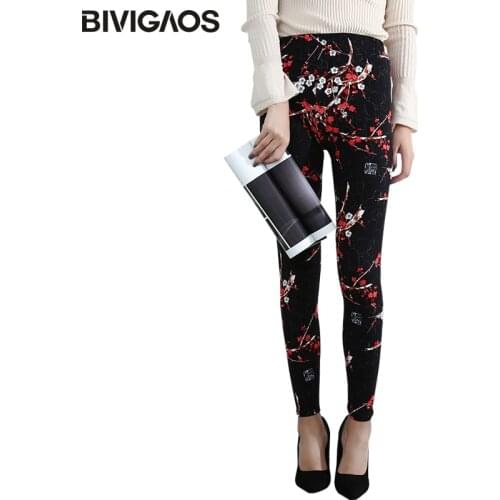 BIVIGAOS New Fashion Women Casual Cotton BRUSHED Black Milk Leggings Pants Female Elastic Plaid Graffiti Leggings Trousers Women