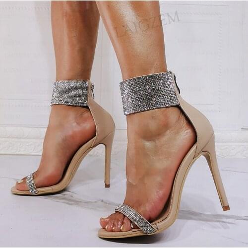 BERZIMER Women Sandals Bling Crystal High Heels Back Zip Sandals Party Wedding Summer Ladies Shoes Woman Large Size 40 43 44 47