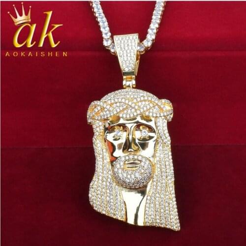 Big Solid Iced Religious Jesus Head Pendant Necklace Gold Color Bling Cubic Zircon Mens Hip Hop Jewelry For Gift