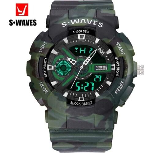 Swaves brand sports mens watch shockproof LCD dual display 30m waterproof tape electronic quartz watch
