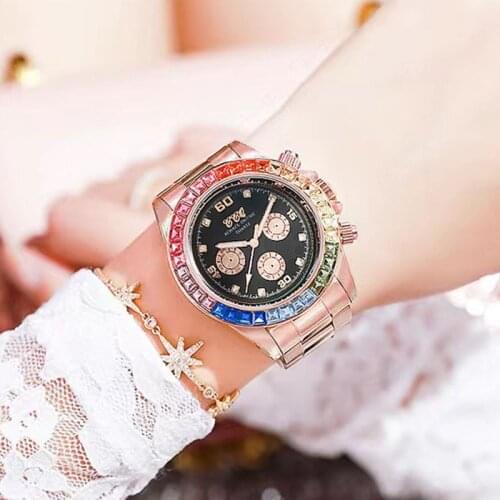 Rainbow Circle Three-eye Steel Band Watch, Square Diamond Color Diamond Fashion Personality Watch For Men And Women