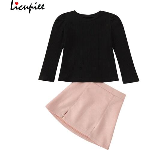 Toddler Kid Girls 2 Pcs Outfits, Long Sleeve Solid Color Knitted Top + Pink Suede Skirt Clothes Set 1-8 Years