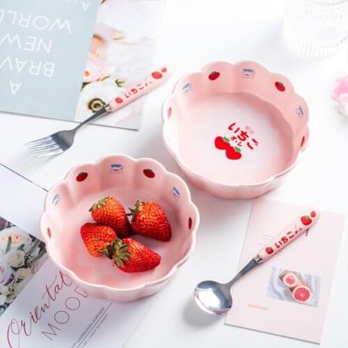 Ceramic Lovely Strawberry Lace Fruit Salad Bowl With Cutlery Creative Household Dessert Breakfast Rice Bowl Tableware for Kids